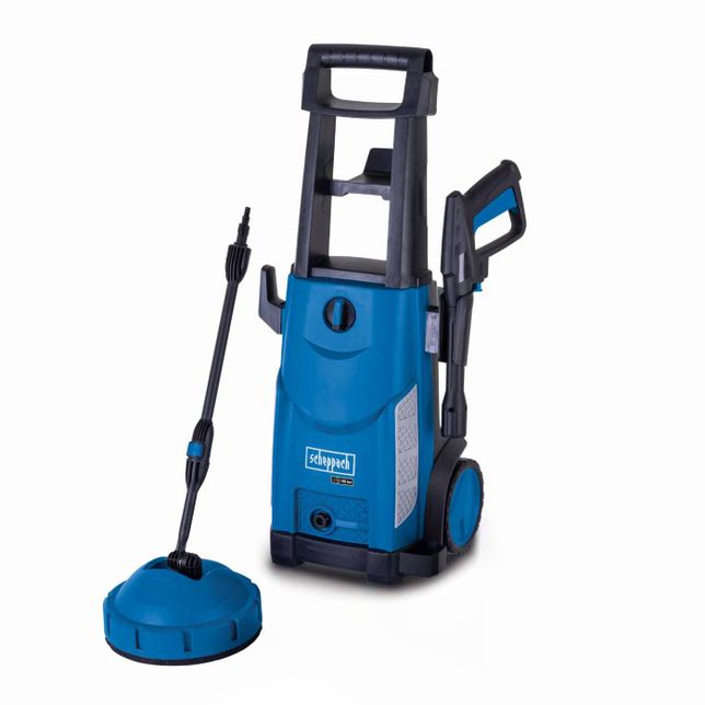 Scheppach pressure washer with black handle and blue nozzle. Ideal for cleaning surfaces.
